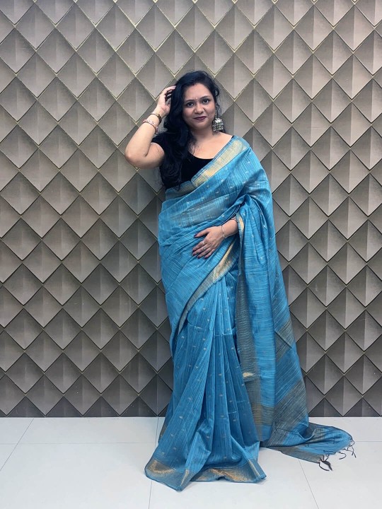 LIGHT BLUE WITH GOLDEN BUTA LINEN SAREE